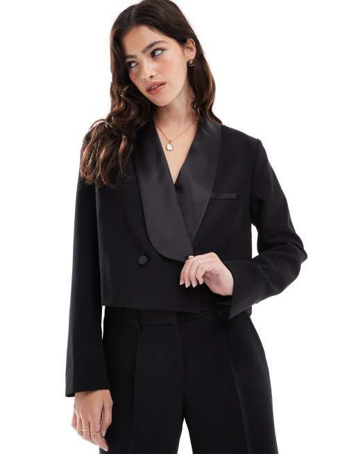 French Connection cropped tuxedo blazer with satin details in black - part of a set