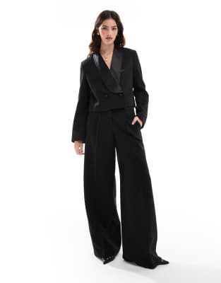FRENCH CONNECTION CROPPED TUXEDO BLAZER WITH SATIN DETAILS 
