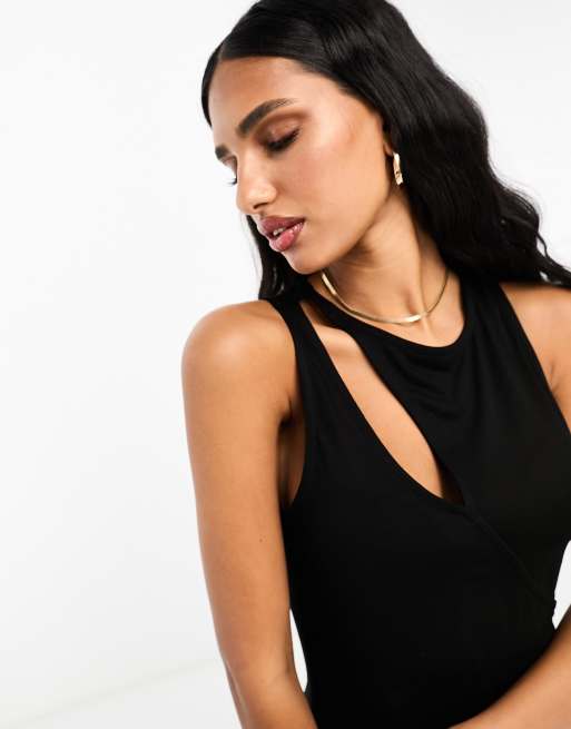 french connection black cut out dress French Connection cut out fitted jersey midi dress in black