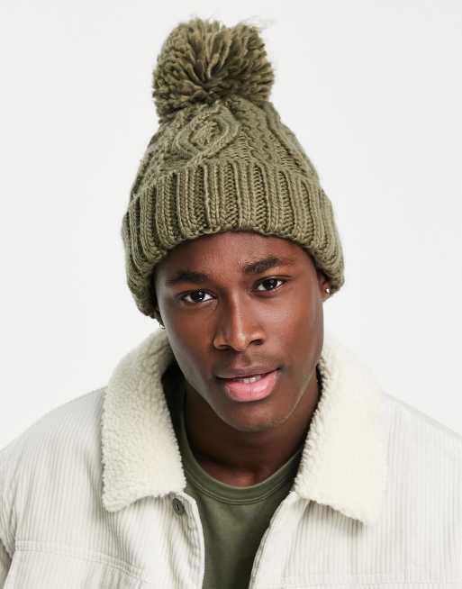 French Connection – Czapka beanie w kolorze khaki o warkoczowym splocie z pomponem