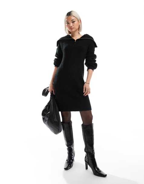 French Connection half zip knitted mini dress in black 