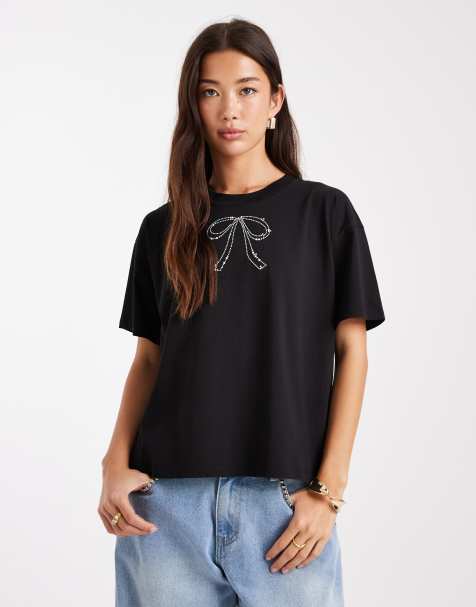 French Connection faux pearl hotfix bow tee in black