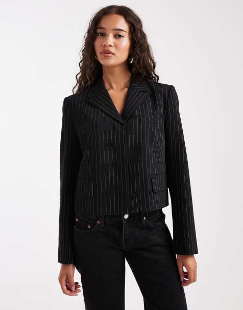 French Connection cropped blazer in black pinstripe