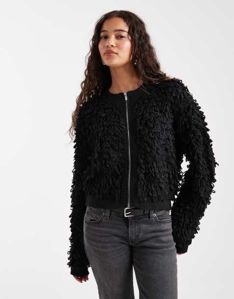 French Connection shaggy fringe knit zip up cardigan in black