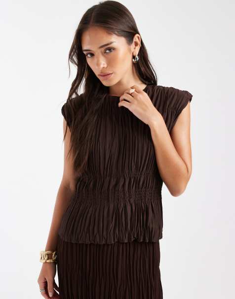 French Connection ruch detail pleated sleeveless top co-ord in chocolate