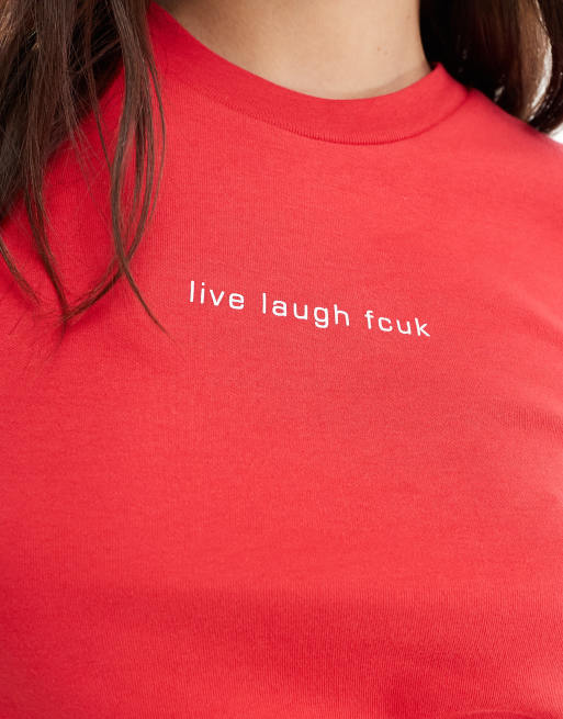French Connection – Czerwony krótki i obcisły T-shirt z napisem „Live Laugh“, 3 z 4