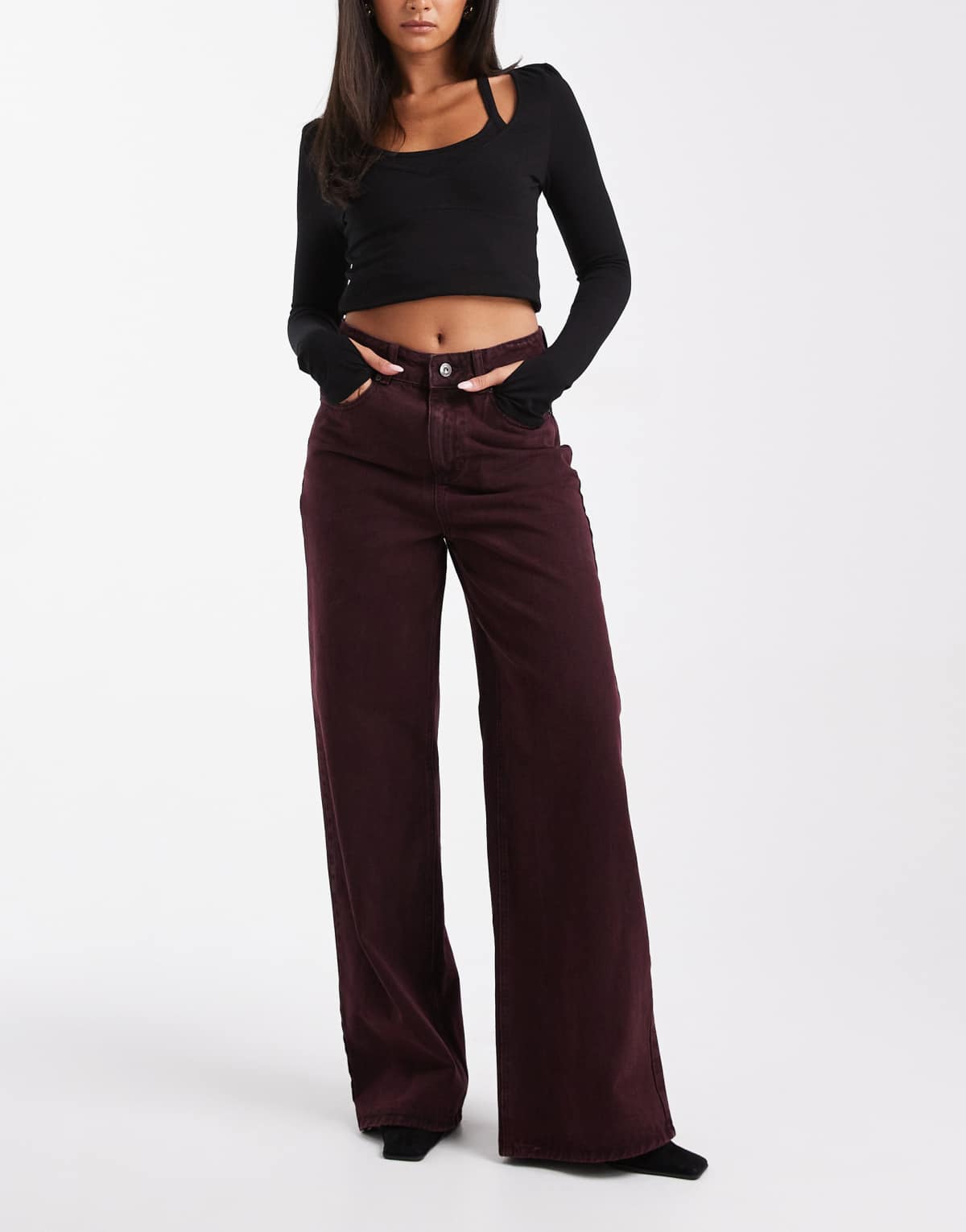 French Connection Dallas acid wash wide leg jeans in burgundy