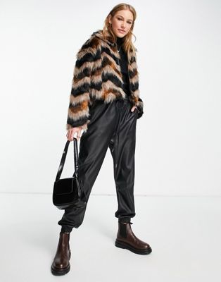 French Connection Dallow faux fur coat with collar in zigzag brown