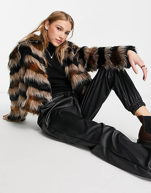 French Connection Dallow faux fur coat with collar in zigzag brown 
