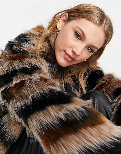  French Connection Dallow faux fur coat with collar in zigzag brown 