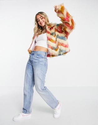 French Connection dallow faux fur jacket in multi colour