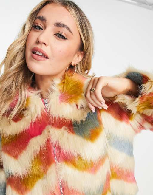 French Connection dallow faux fur jacket in multi colour, 3 of 4