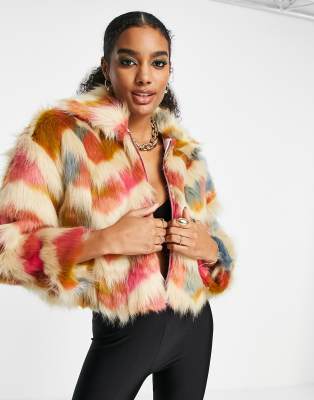 French Connection Dallow faux fur jacket in multi zig zag