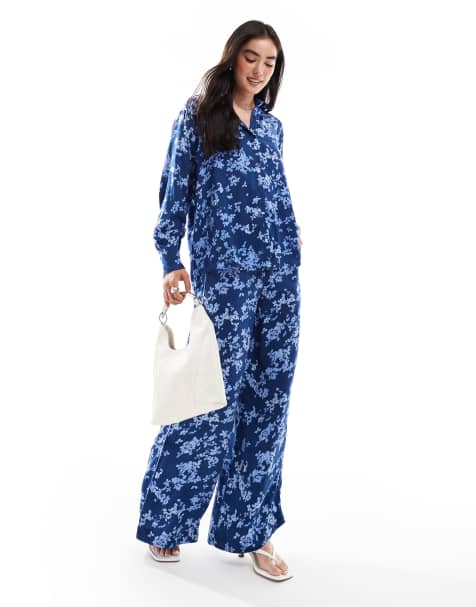 French Connection Delphine printed wide leg trousers co-ord in blue