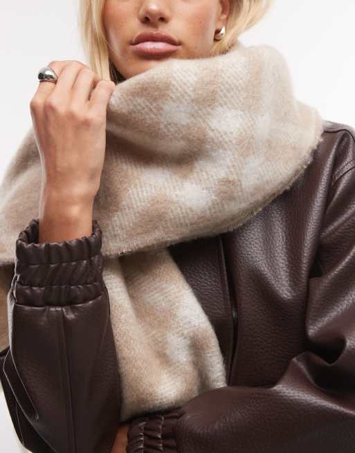 French Connection diamond check scarf in beige, 2 of 3