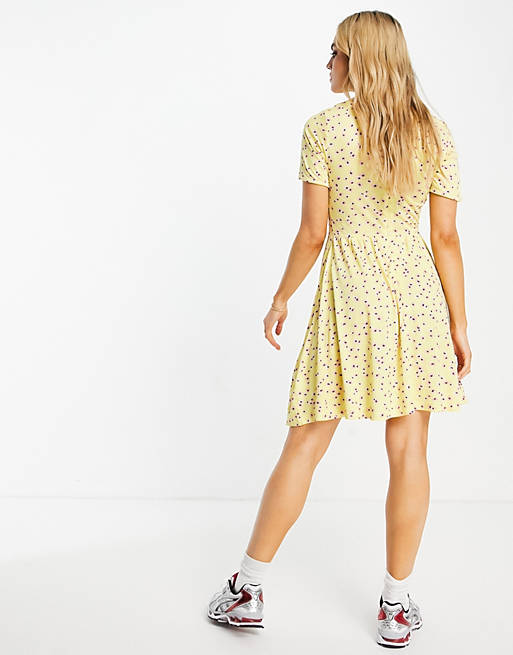French Connection ditsy floral jersey mini dress in yellow