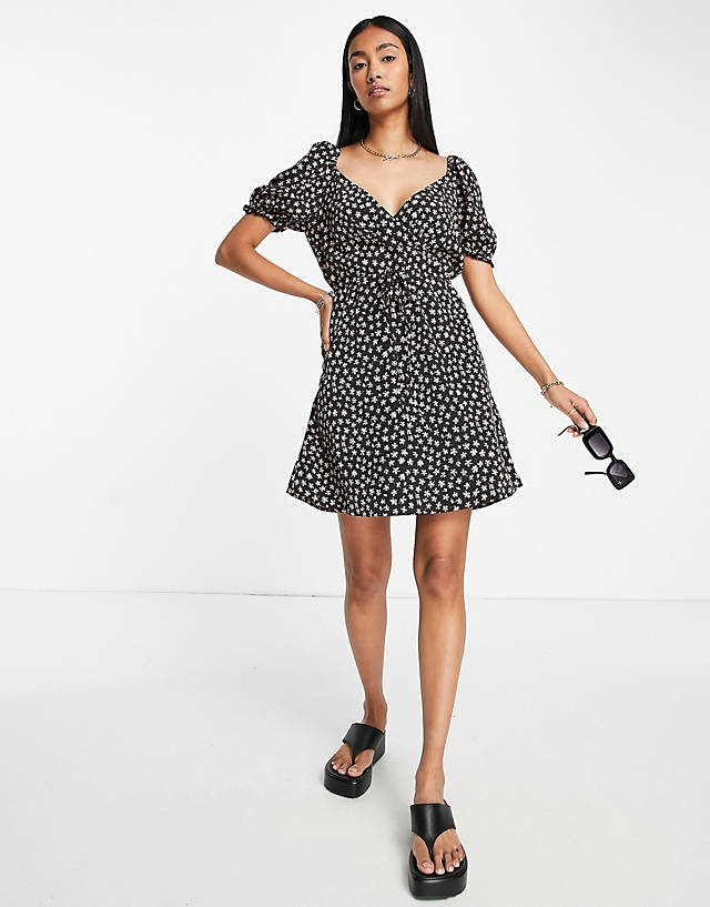 French Connection - ditsy floral print mini wrap dress in black