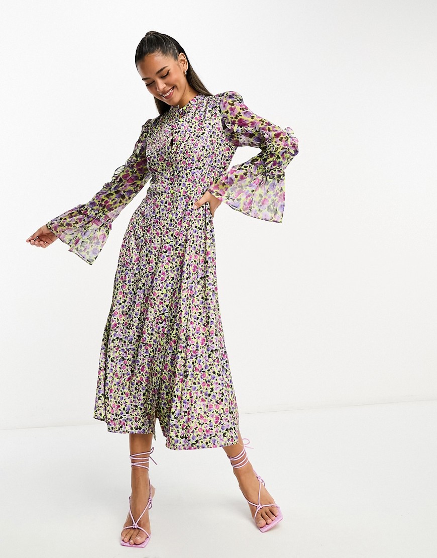 French Connection ditsy floral ruffle midi dress in bright green-Multi
