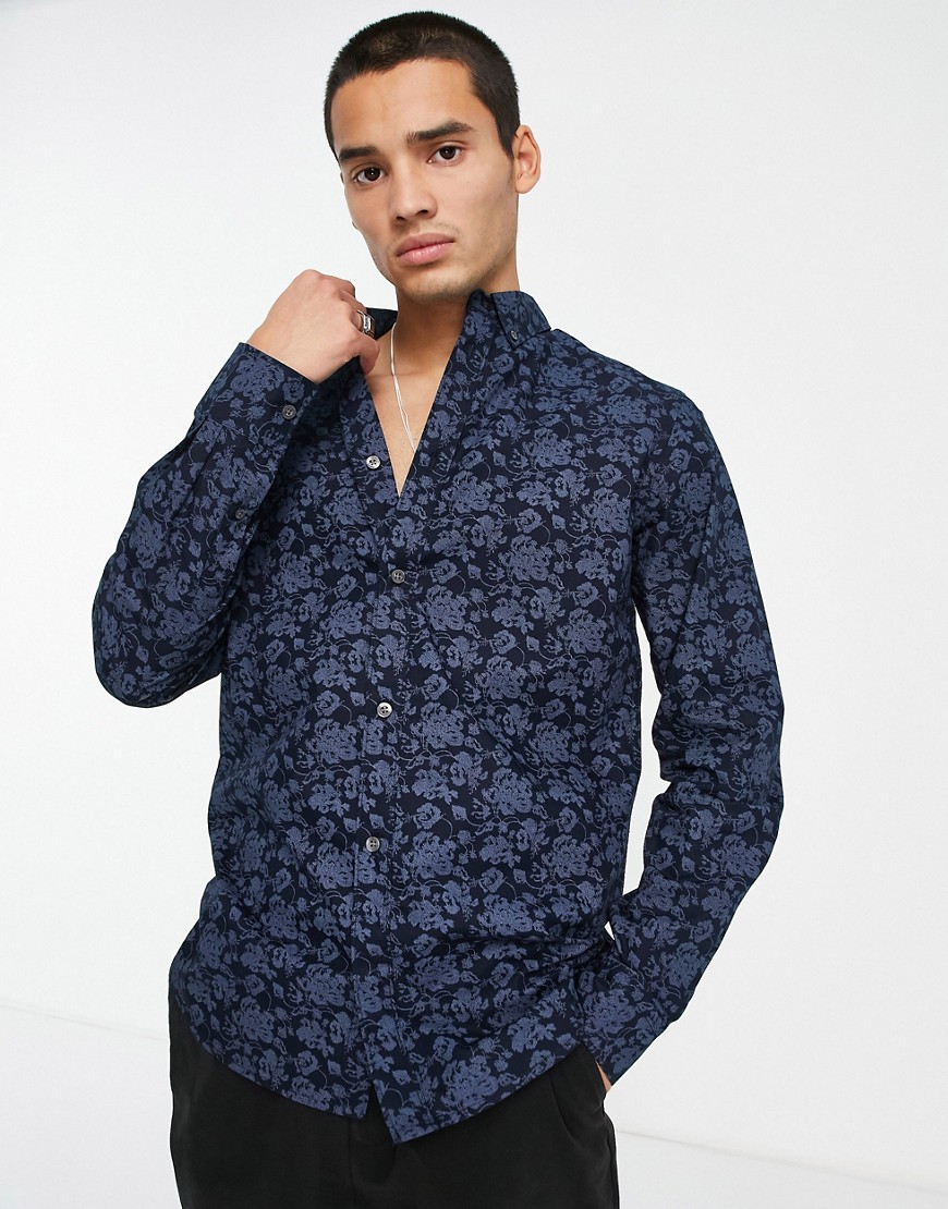 French Connection Ditsy Floral Slim Fit Shirt-navy