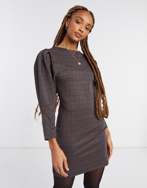 French Connection dogtooth jersey mini dress with puff sleeve