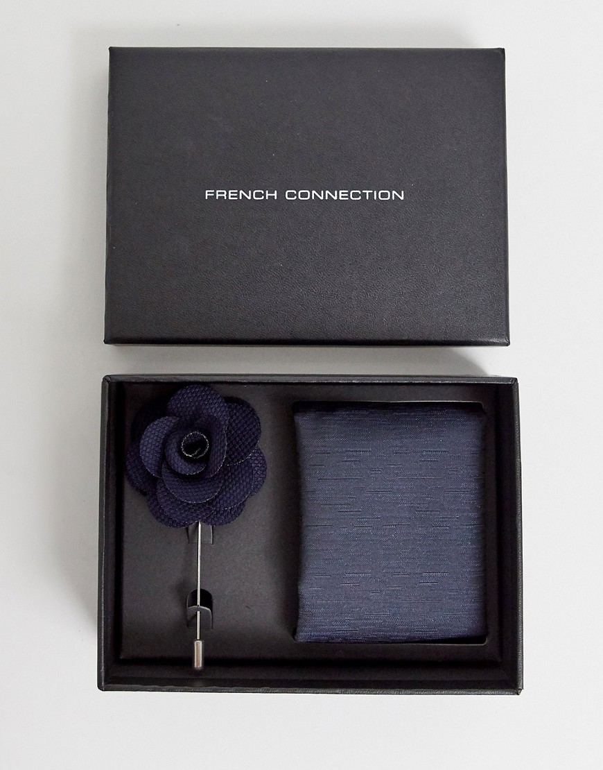French Connection dotted pocket square & lapel pin set-Navy