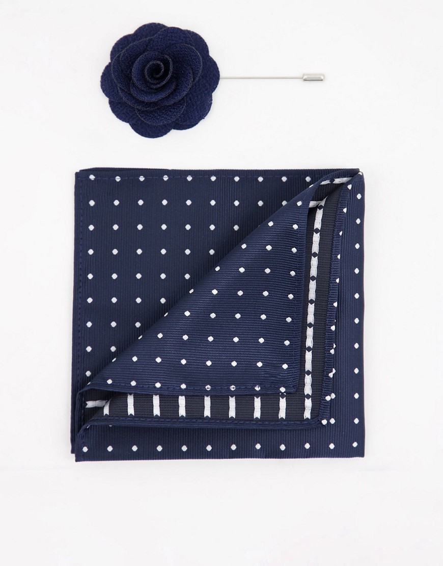 French Connection Dotted Pocket Square & Lapel Pin Set-navy