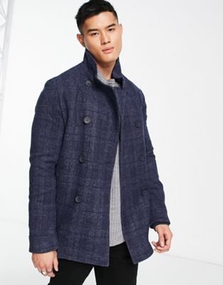 French Connection double breasted funnel coat in blue check - ASOS Price Checker