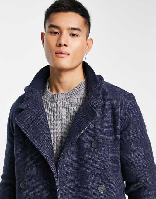 French Connection double breasted funnel coat in blue check ASOS