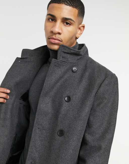 French connection mens double breasted cheap funnel wool jacket charcoal melange