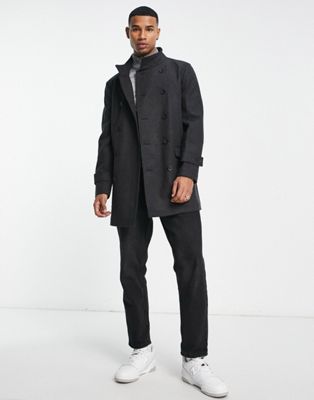 French Connection double breasted funnel neck coat in charcoal - ASOS Price Checker
