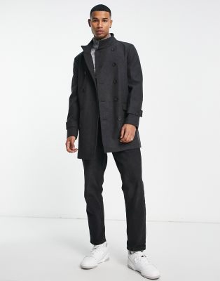 French Connection double breasted funnel neck coat in charcoal - ASOS Price Checker