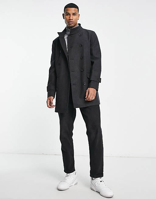 French Connection double breasted funnel neck coat in charcoal | ASOS