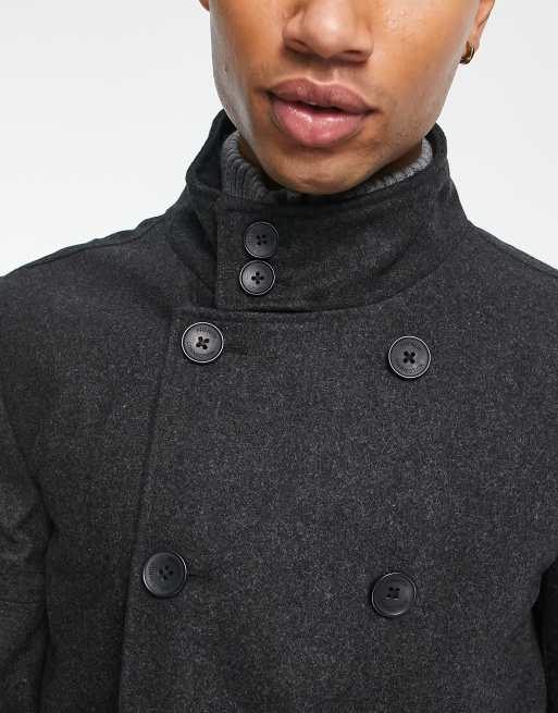 French Connection double breasted funnel neck coat in charcoal | ASOS