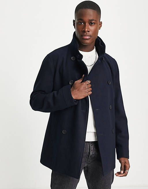 double breasted funnel neck coat in navy ASOS