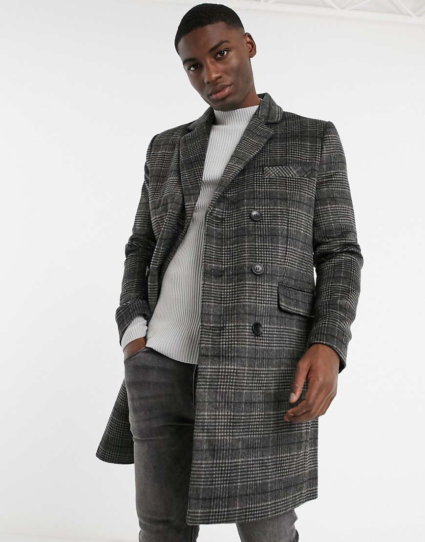 French Connection double breasted plaid overcoat-Grey