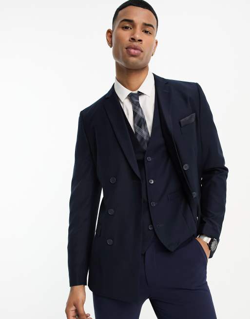 French Connection double breasted suit jacket in marine | ASOS