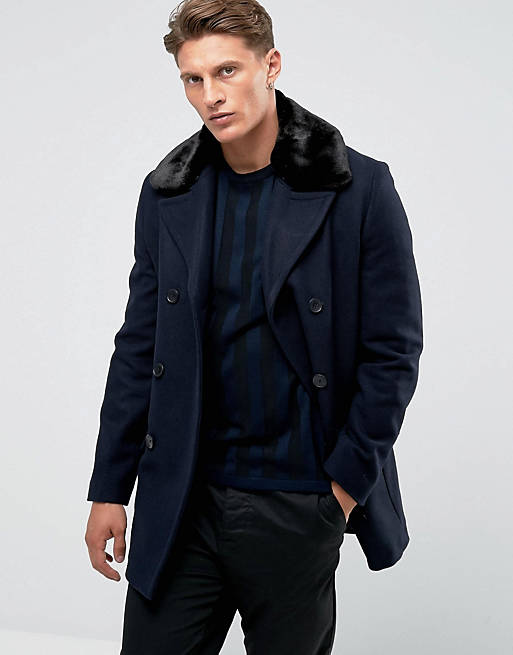French Connection Double Breasted Wool Coat with Faux Fur Collar | ASOS