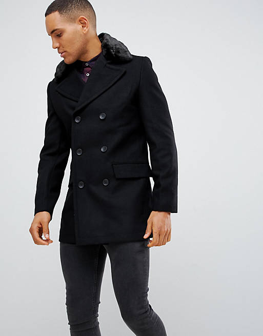 French Connection Double Breasted Wool Rich Pea Coat With Faux Fur ...