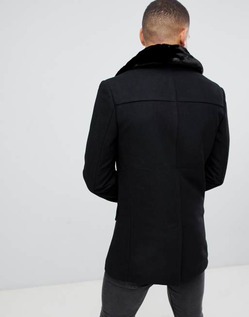 Mens pea coat with faux hot sale fur collar