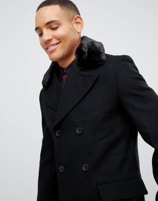 mens pea coat with faux fur collar