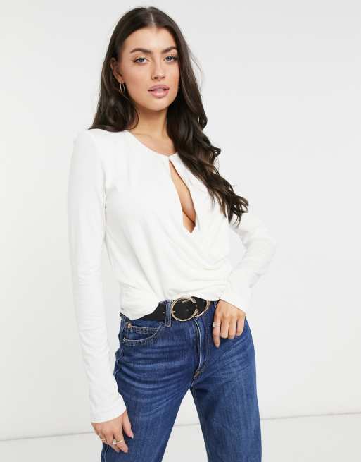 French Connection draping wrapped long sleeve top in cream