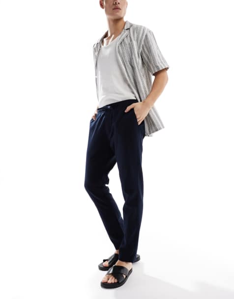 French Connection drawstring linen trousers in navy - view 1