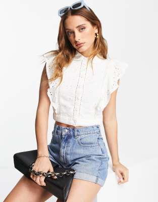 French Connection duna lawn broderie anglaise cropped top in white