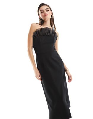 French Connection Echo organza mix frill bandeau midi dress with thigh split in black