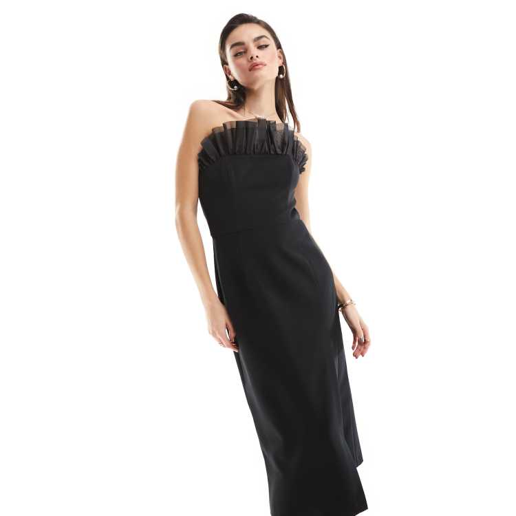 French Connection Echo organza mix frill bandeau midi dress with 