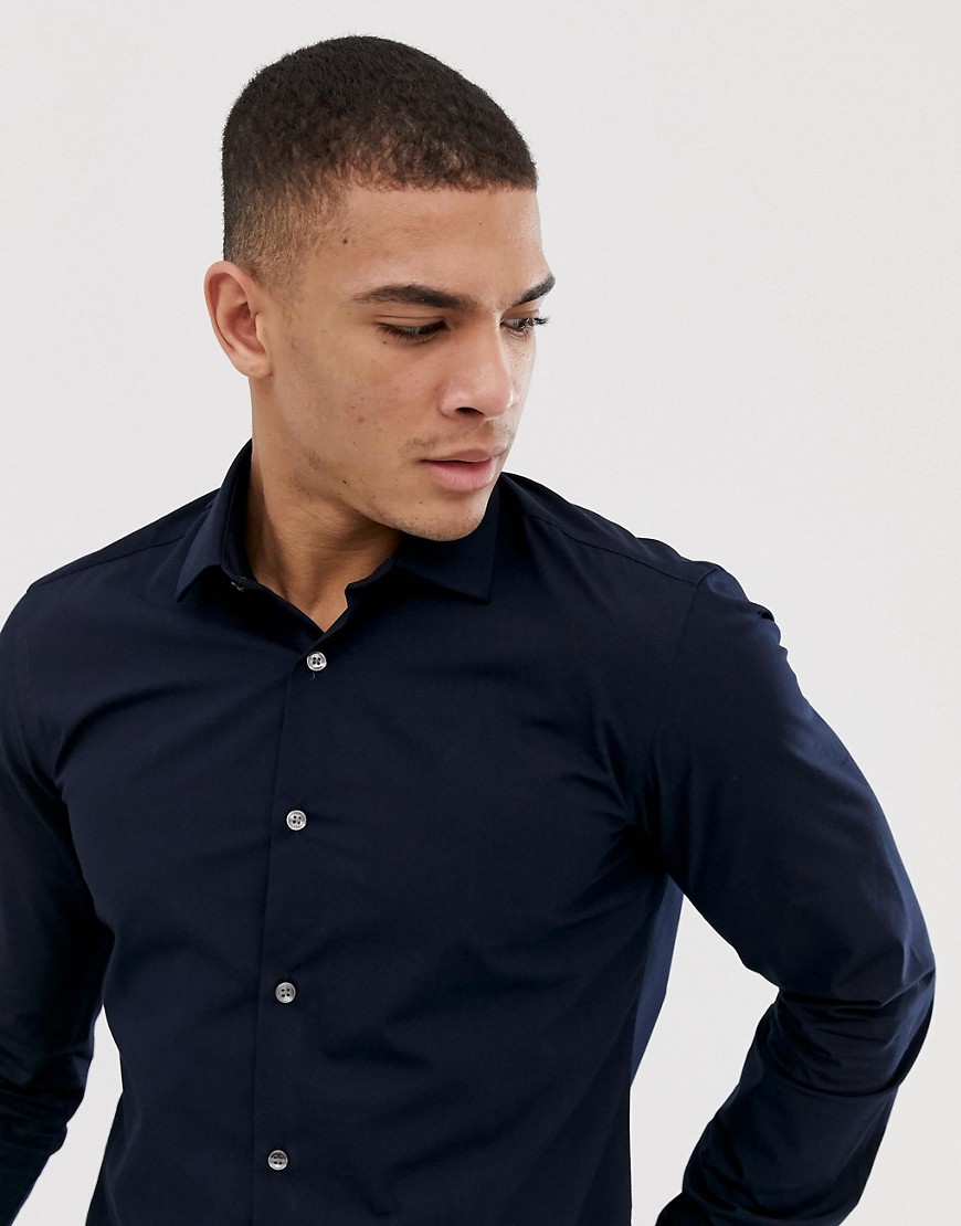 French Connection - Effen slim-fit poplin overhemd-Marineblauw