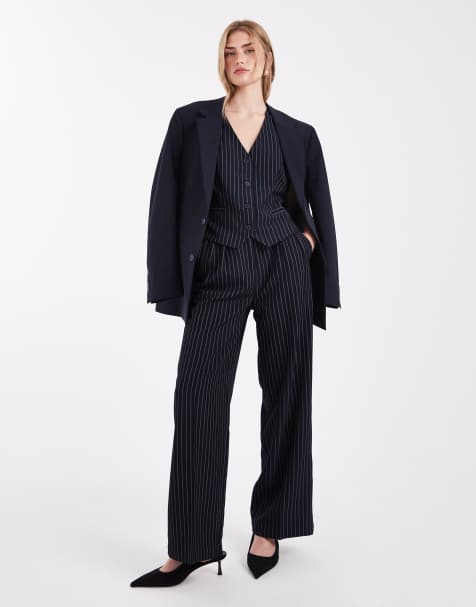 French Connection - Elegante broek met wijde pijpen in marineblauwe krijtstreep, deel van co-ord set - view 1