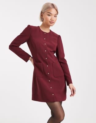 French Connection - Elegantes Minikleid in Burgunderrot mit durchgehender Knopfleiste