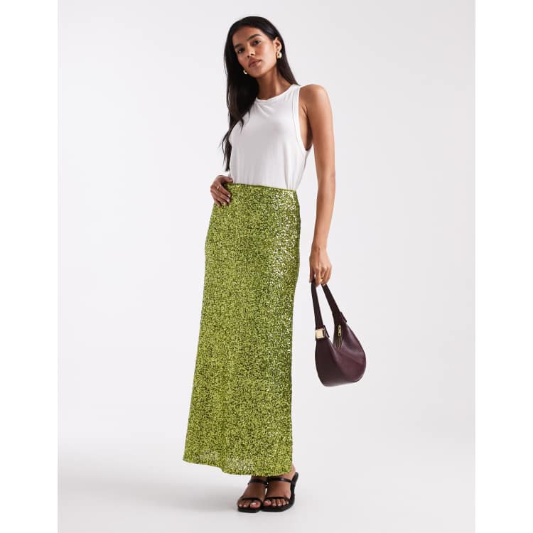 French Connection Elena sequin midi skirt in olive | ASOS