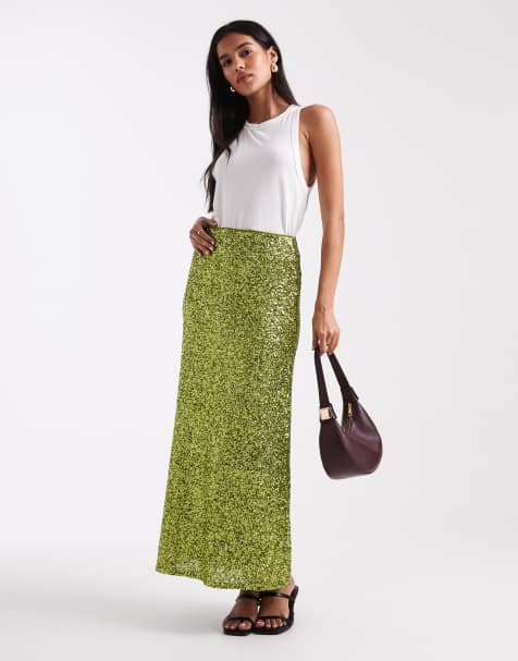 French Connection Elena sequin midi skirt in olive